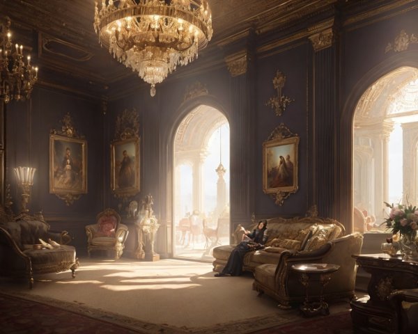 Opulent room with gold detailing and elegant furnishings