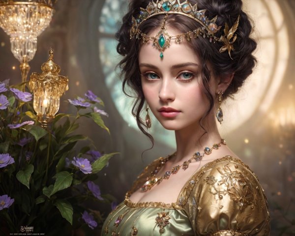 Regal Woman in Gold Attire with Blue Eyes and Flowers