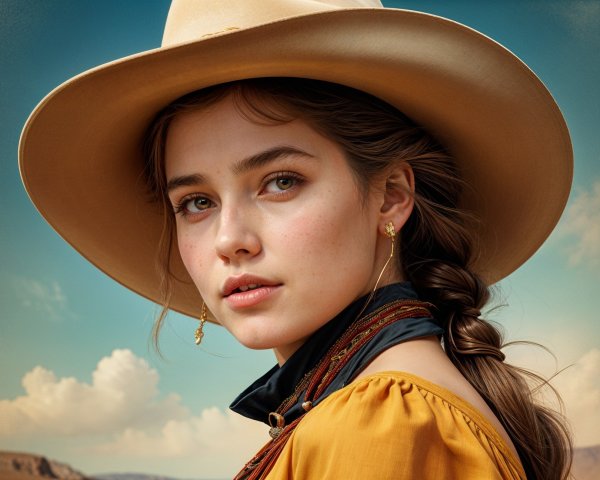 Young Woman in Tan Hat Against Blue Sky Background