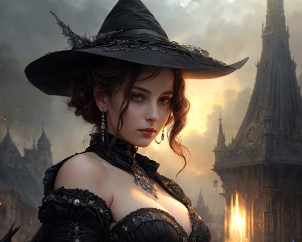 Woman in Dramatic Black Hat and Ornate Dress Against Gothic Cityscape