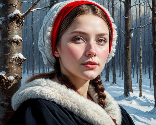 Young woman in snowy forest with serene expression