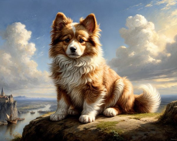 Fluffy Orange-and-White Dog on Rocky Ledge Overlooking Landscape