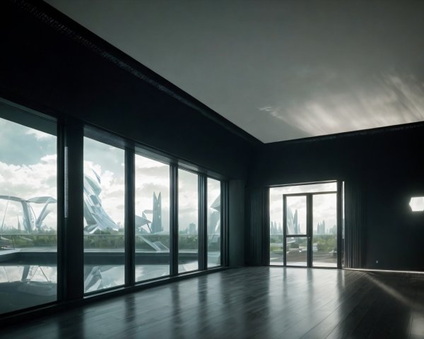 Contemporary room with large windows overlooking futuristic cityscape.