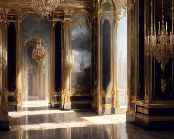 Luxurious ballroom with gold details, crystal chandeliers, and sunlit windows.