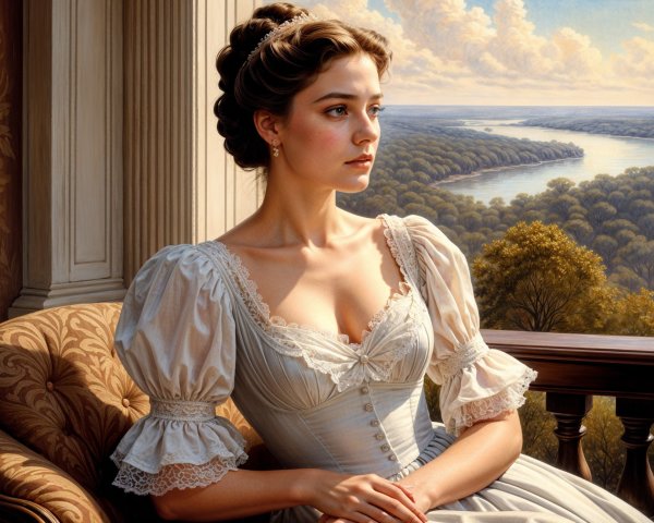 Young Woman in Vintage Gown by Scenic Window