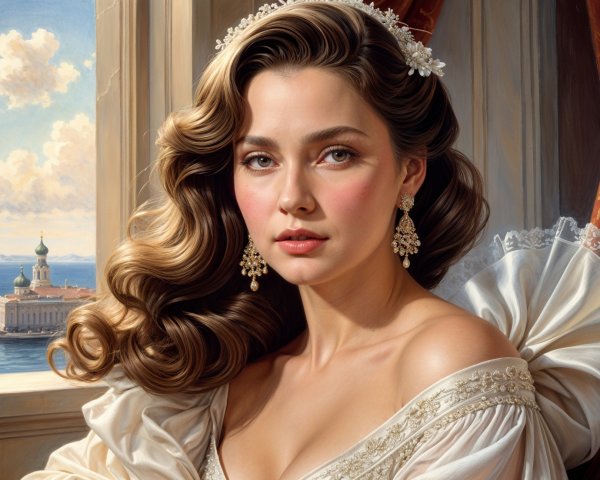 Elegant woman in ornate gown with scenic backdrop