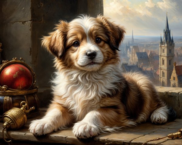 Fluffy Golden and White Puppy on Stone Ledge