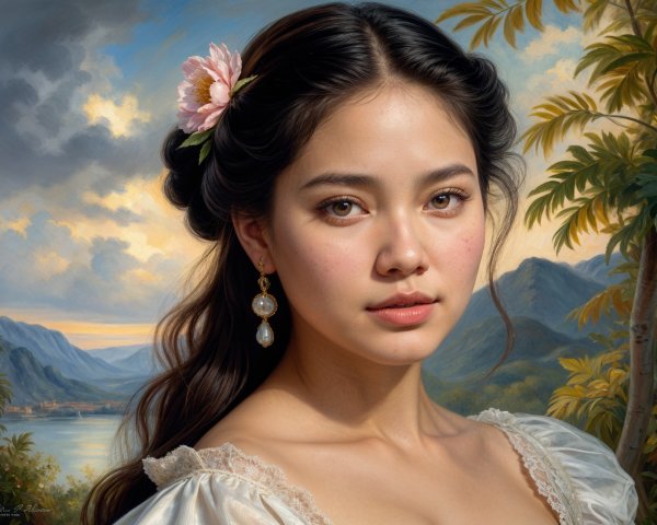 Young woman in white dress with scenic mountain backdrop