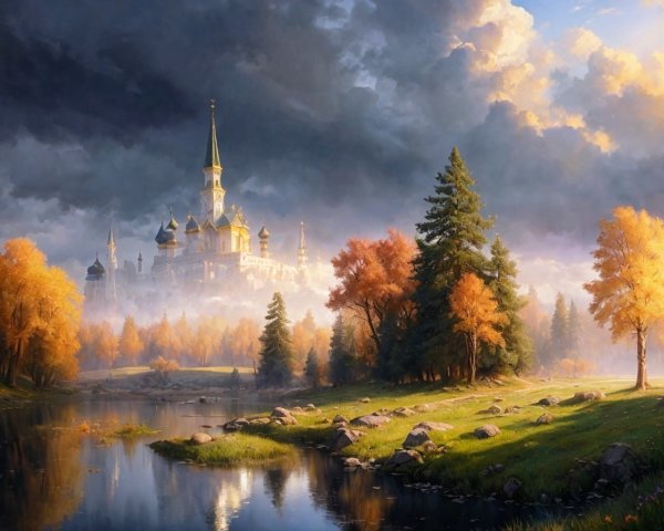 Castle on Hill Surrounded by Autumn Trees, River, and Sunset Clouds