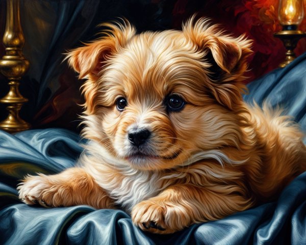 Fluffy Golden-Brown Puppy on Blue Fabric Background