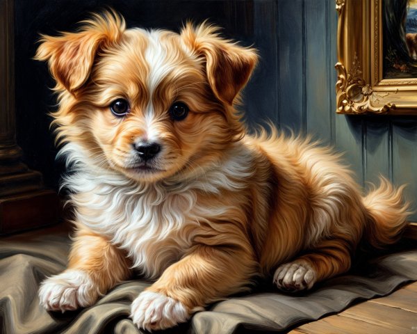 Fluffy Golden and White Puppy in Cozy Indoor Setting