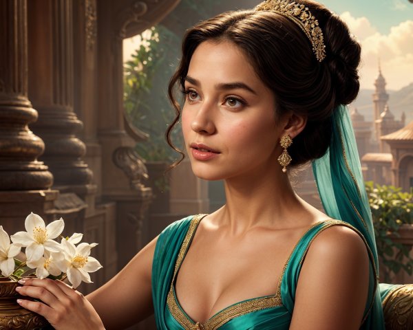 Young Woman in Teal Gown with Gold Accents and Flowers