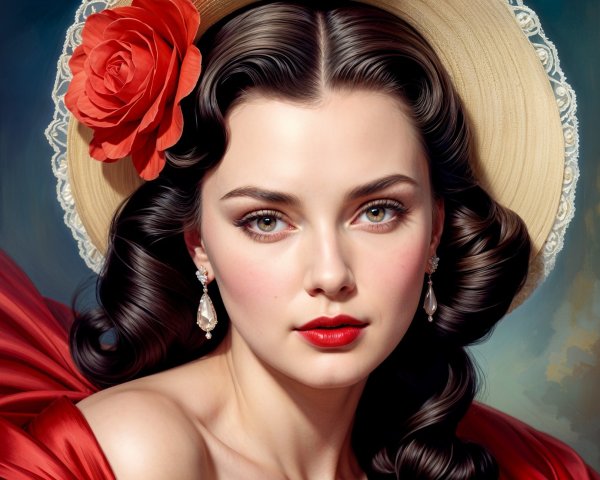 Portrait of a Woman with Red Rose and Straw Hat