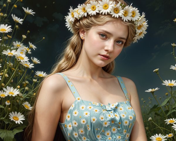 Young Woman in Blue Dress Surrounded by White Flowers