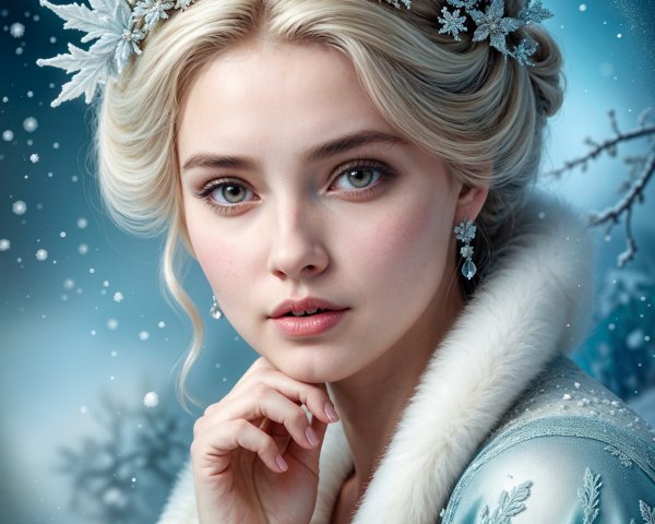 Young woman in icy blue gown in winter wonderland