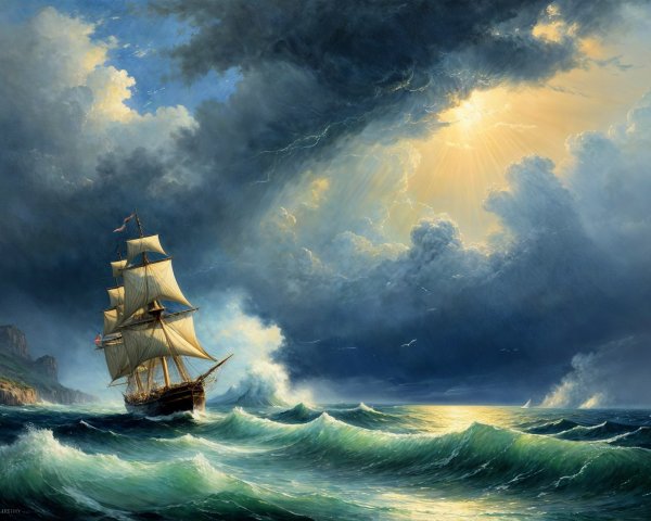Majestic sailing ship in turbulent waves and dramatic sky