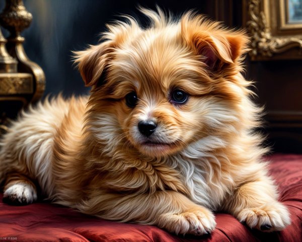 Fluffy Golden-Brown Puppy on Burgundy Fabric Background