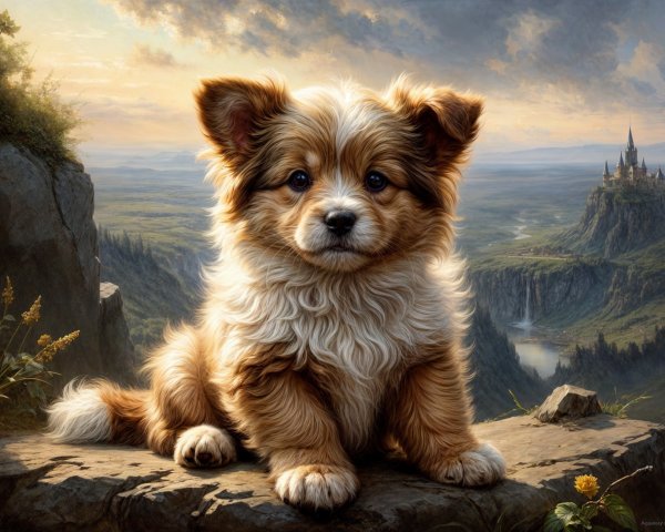 Fluffy Golden-Brown Puppy on Rocky Ledge with Landscape