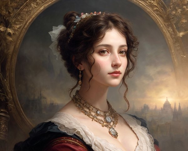 Portrait of young woman with elegant hairstyle in black dress against city backdrop at dusk