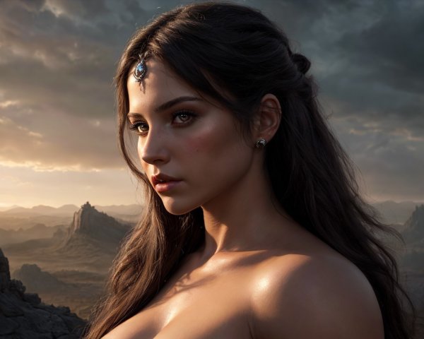 Woman with Dark Hair and Forehead Jewel in Landscape