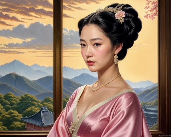 Serene Young Woman in Traditional Attire with Blossoms