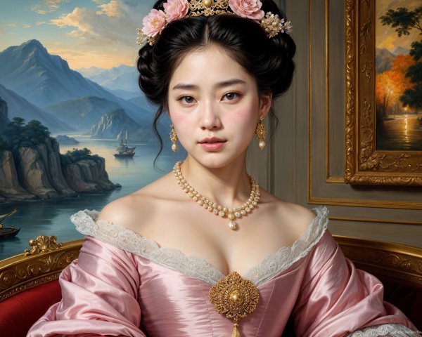 Elegant Portrait of Woman in Pink Gown and Scenic Backdrop