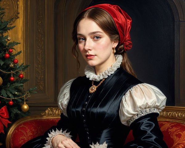 Young Woman in Black Dress by Christmas Tree
