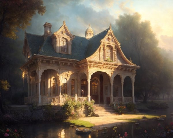 Victorian-style house with pond, trees, and flowers in soft sunlight