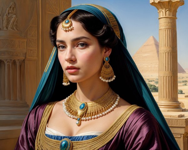Young Woman in Historical Attire with Pyramids Background