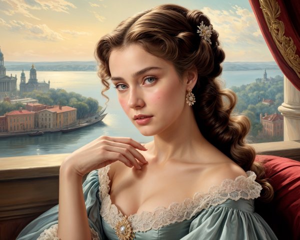Young woman in elegant gown gazing from grand window