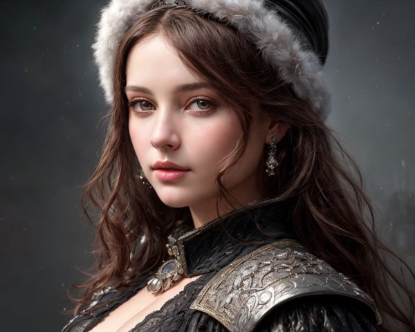 Detailed digital portrait of a woman in medieval-inspired attire with brown hair and fur-trimmed hat.
