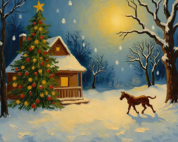 Winter Scene with Cabin, Horse, and Christmas Tree