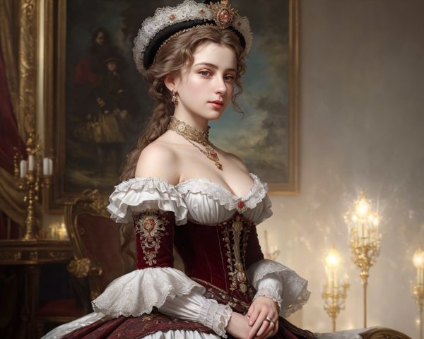 Historical dress woman with crown in luxurious room.