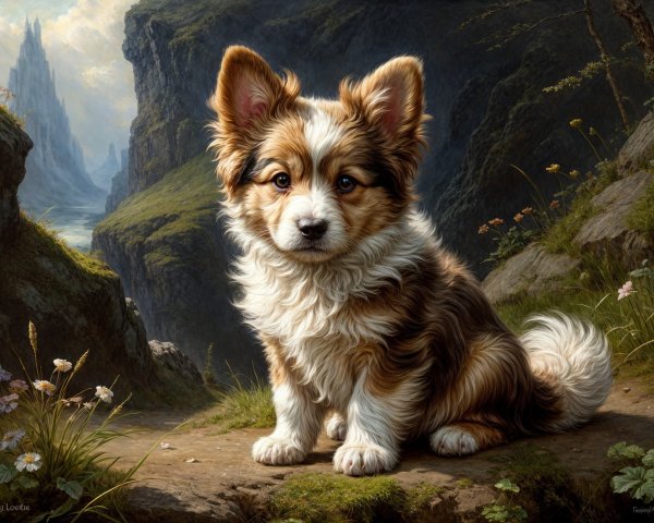 Fluffy Puppy in Serene Landscape with Wildflowers