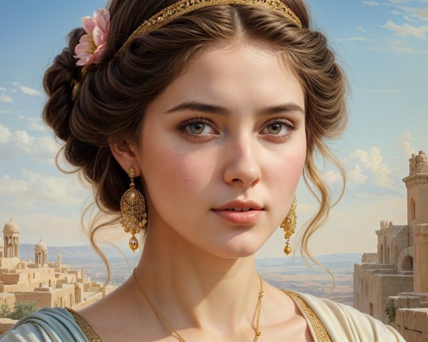 Young woman with flower and headband in historic setting