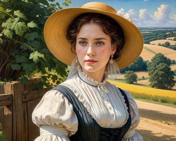 Young Woman in Rural Landscape with Vintage Attire