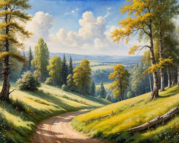 Serene Landscape with Winding Dirt Road and Hills