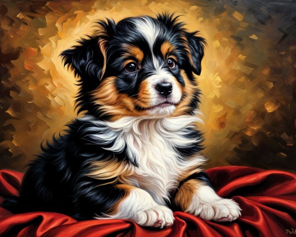 Charming Puppy on Red Fabric with Golden Background