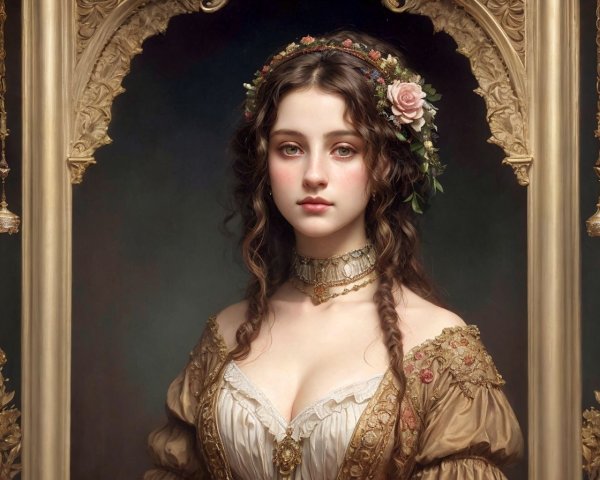 Vintage Portrait of a Young Woman in Floral Frame