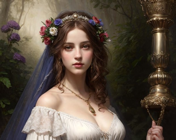 Portrait of a woman with floral crown and veil