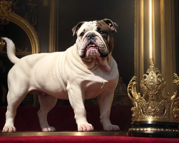 English Bulldog on Ornate Red Carpet Platform in Warm Light