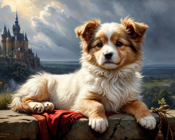 Fluffy Puppy on Rocky Ledge with Castle Background