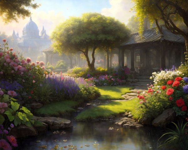 Tranquil garden scene with blooming flowers, stream, and gazebo near grand building
