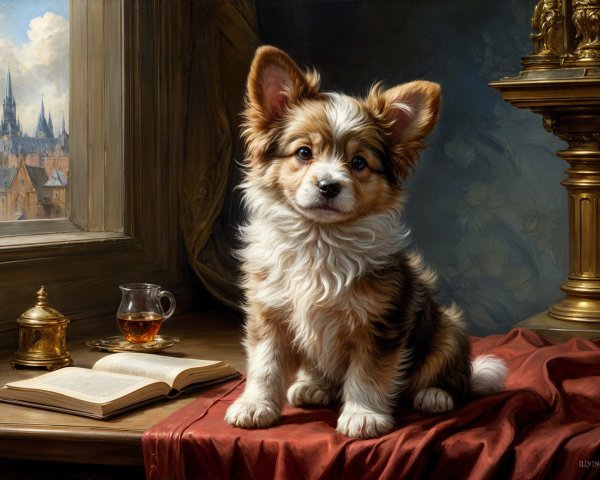 Fluffy Puppy on Red Cloth in Cozy Room Setting