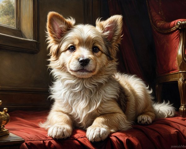 Small fluffy dog resting on a red cushion indoors