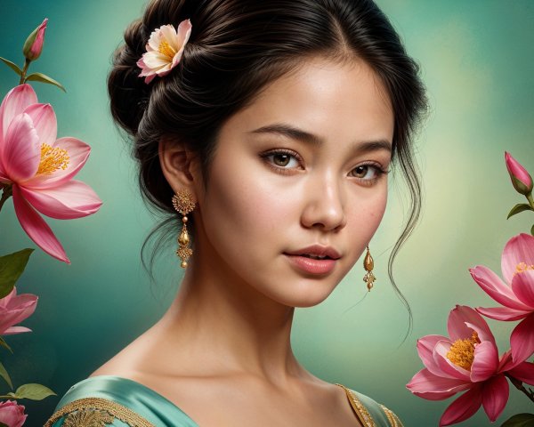 Portrait of a Young Woman with Floral Accessories