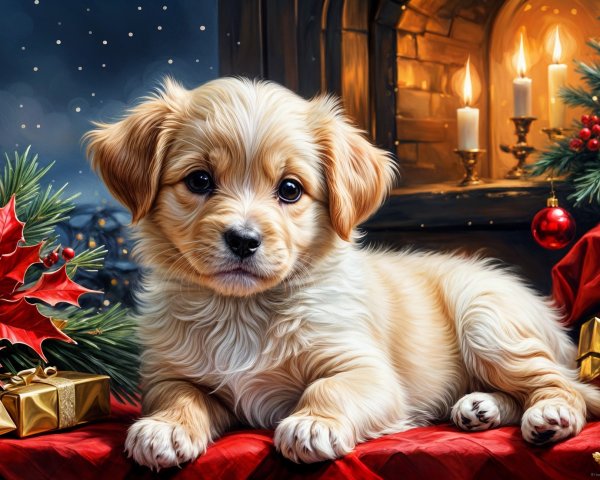 Golden-haired puppy on festive blanket with decorations