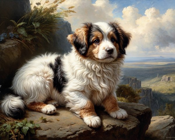 Fluffy Tri-Color Puppy on Rocky Ledge with Landscape