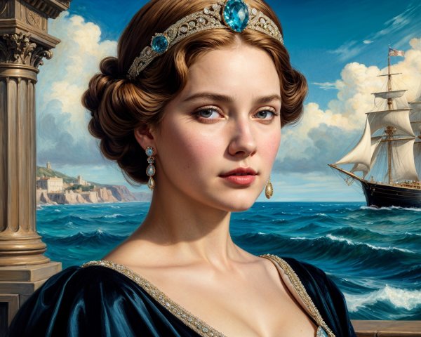 Young woman in dark dress with ocean backdrop