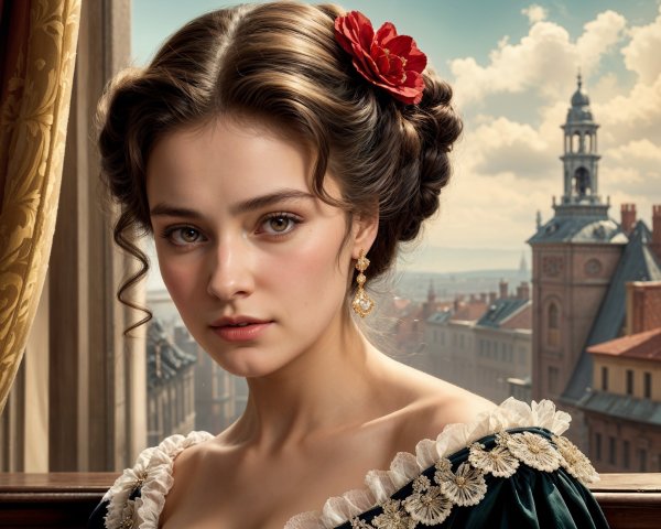 Historical Portrait of a Young Woman in Elegant Dress